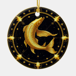 Golden Pisces Zodiac Symbol Surrounded by Stars Ceramic Ornament