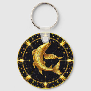 Golden Pisces Zodiac Symbol Surrounded by Stars Key Ring