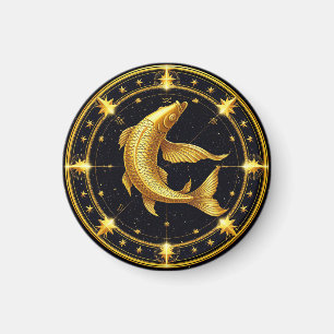 Golden Pisces Zodiac Symbol Surrounded by Stars Magnet