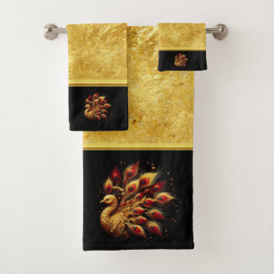 Golden Plumage: Majestic Peacock Bath Towel Set