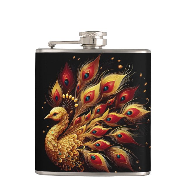Golden Plumage: Majestic Peacock on White Hip Flask (Front)