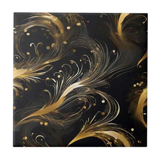 Golden Plumes On Black Ceramic Tile (Front)