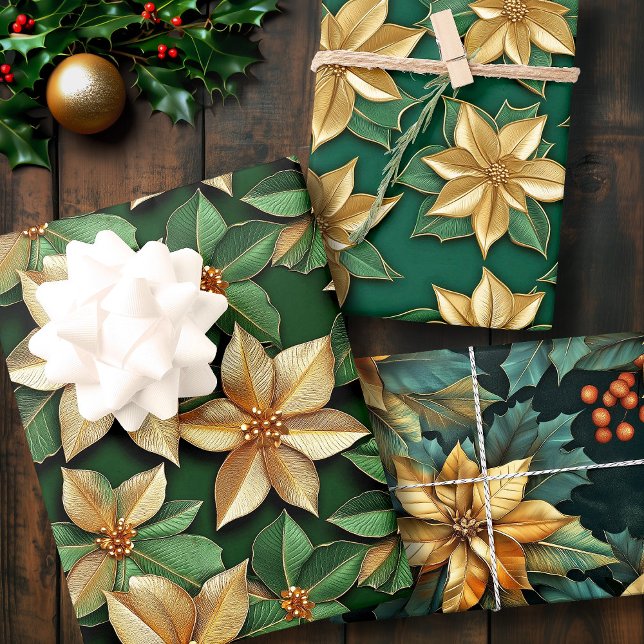 Golden Poinsettia Flower on Green Christmas Wrapping Paper Sheet (Golden Poinsettia Flower on Green Christmas Wrapping Paper Sheets)