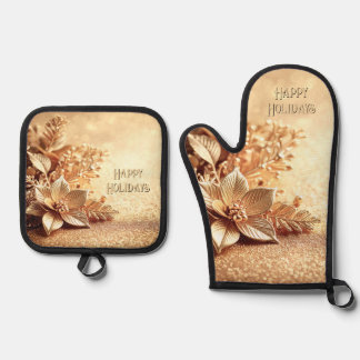Golden Poinsettia Oven Mitt & Pot Holder Set