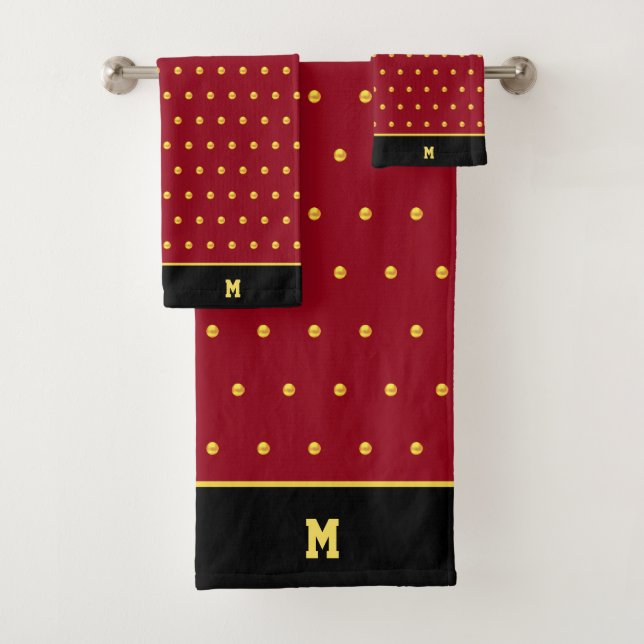 Golden Polka Dots & Monogram on Burgundy & Black Bath Towel Set (Insitu)