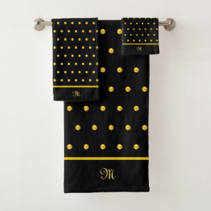 Golden polka dots on black bath towel set