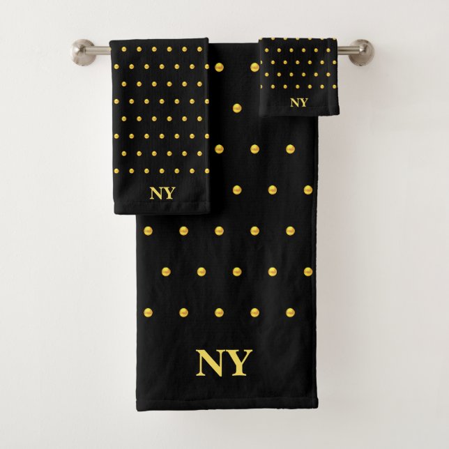 Golden polka dots on black bath towel set (Insitu)