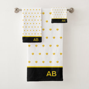 Golden polka dots on black & white bath towel set