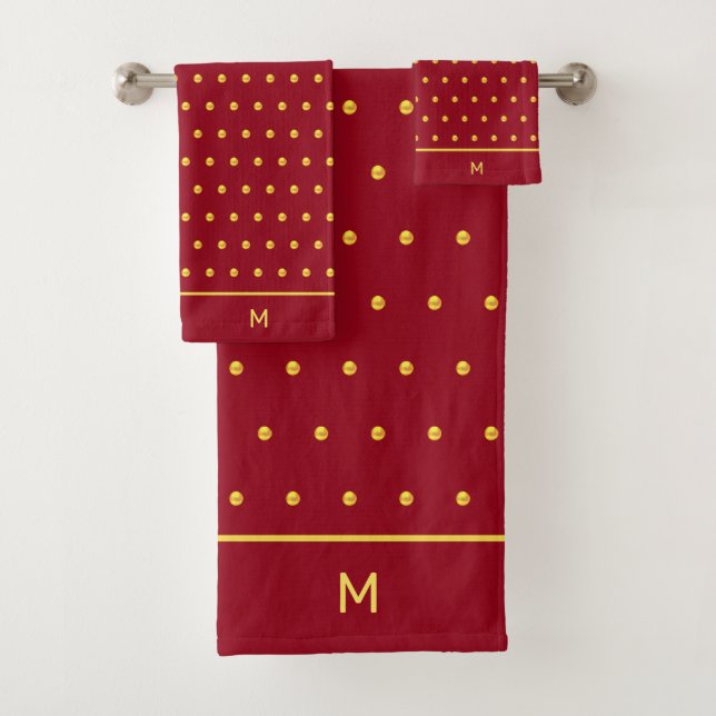 Golden polka dots on crimson & monogram bath towel (Insitu)