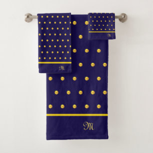 Golden polka dots on navy blue bath towel set
