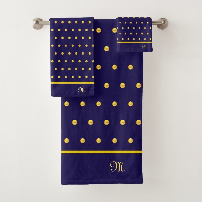 Golden polka dots on navy blue bath towel set (Insitu)
