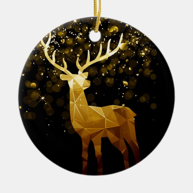Golden Polygon Geometric Deer Personalised Ceramic Ornament (Front)