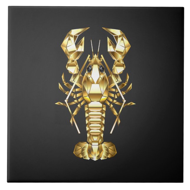 Golden polygonal lobster crawfish on black ceramic tile (Front)