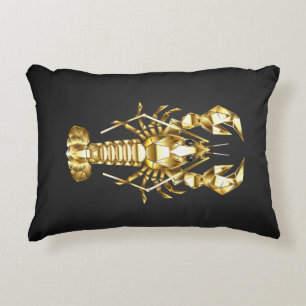 Golden polygonal lobster crawfish on black decorative cushion