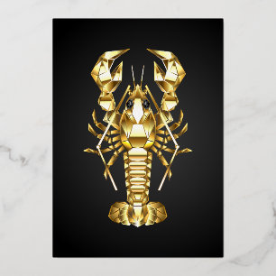 Golden polygonal lobster crawfish on black foil holiday card