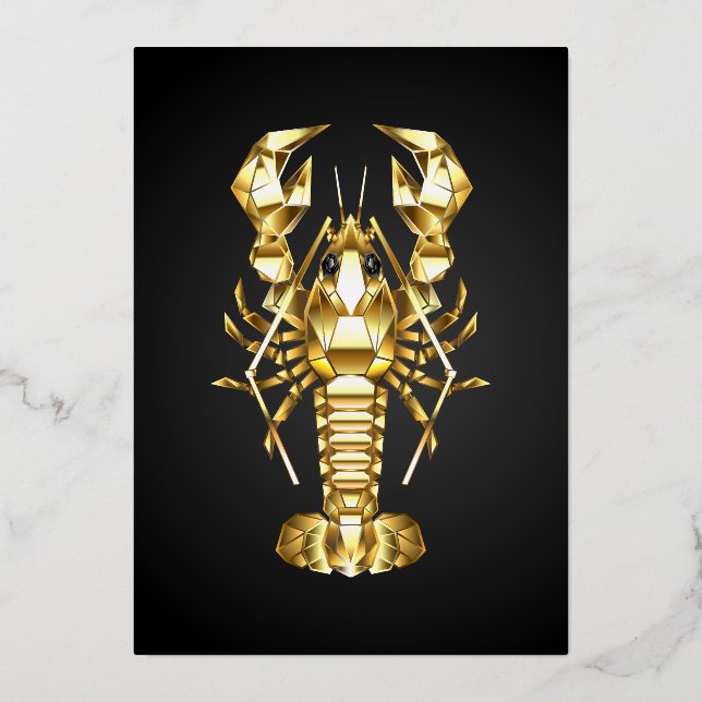 Golden polygonal lobster crawfish on black foil holiday card (Front)