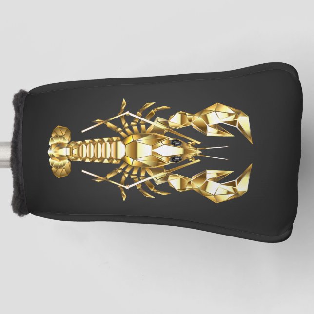 Golden polygonal lobster crawfish on black golf head cover (Front)
