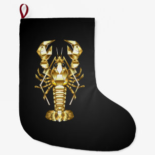 Golden polygonal lobster crawfish on black large christmas stocking