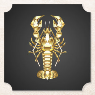 Golden polygonal lobster crawfish on black paper coaster