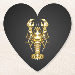Golden polygonal lobster crawfish on black paper coaster