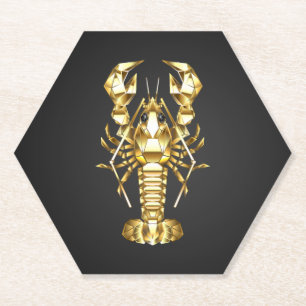 Golden polygonal lobster crawfish on black paper coaster