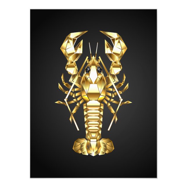 Golden polygonal lobster crawfish on black photo print (Front)