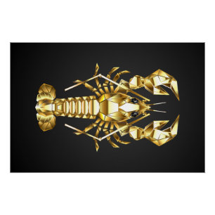 Golden polygonal lobster crawfish on black poster