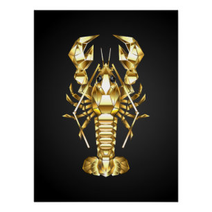 Golden polygonal lobster crawfish on black poster