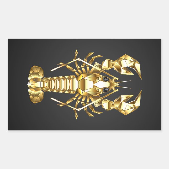Golden polygonal lobster crawfish on black rectangular sticker (Front)