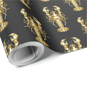Golden polygonal lobster crawfish on black wrapping paper