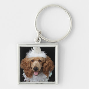 Golden Poodle Dog wearing a white clown costume Key Ring