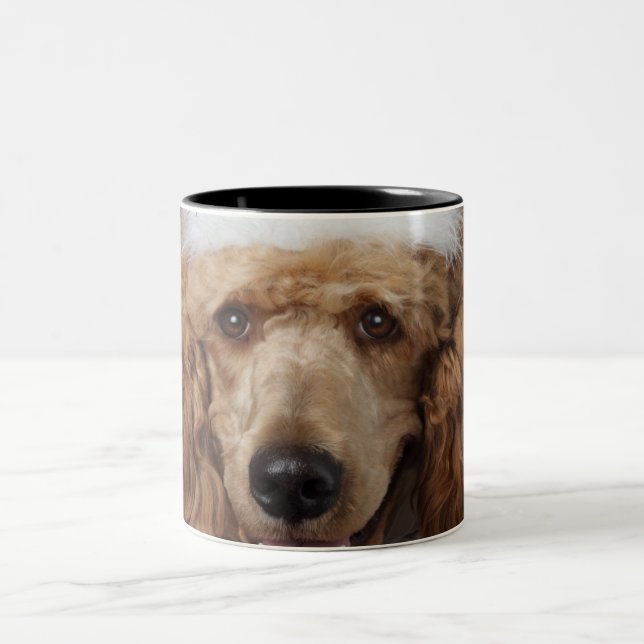 Golden Poodle Dog wearing a white clown costume Two-Tone Coffee Mug (Center)