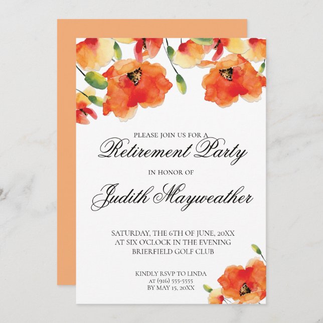 Golden Poppy Floral Retirement Celebration Invitation (Front/Back)