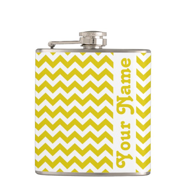 Golden Poppy Safari Chevron with customisable name Hip Flask (Front)