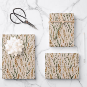 Golden Prairie Meadow Watercolor Botanical Pattern Wrapping Paper Sheet