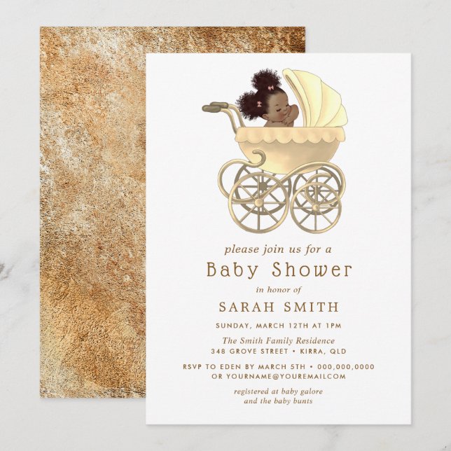 Golden Pram Cute Baby Gold Baby Shower Invitation (Front/Back)