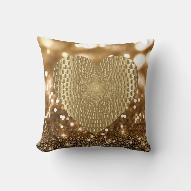 Golden Prismatic Heart Bokeh Faux Glitter Cushion (Front)