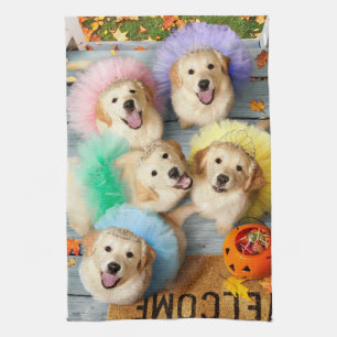 Golden Puppies Trick or Treating Tea Towel
