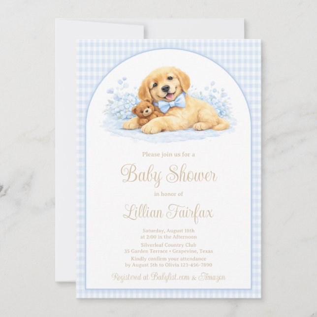 Golden Puppy Baby Shower Invitation for Boy – Blue (Front)