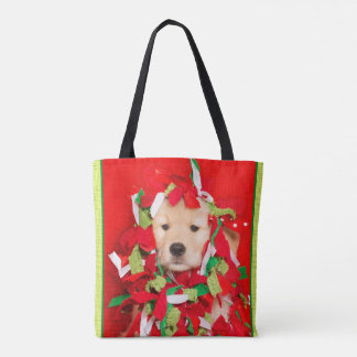 Golden Puppy Tangled in Christmas Garland Tote Bag