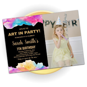 Golden Purple Paint Birthday With Photo Invitation