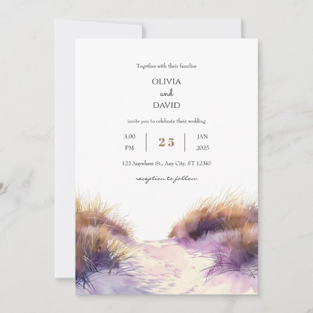 Golden Purple Sunset Sandy Dunes Beach Wedding Invitation (Front)