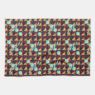golden pyramids and glowing light blue spheres tea towel
