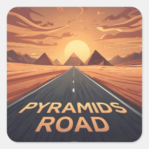 Golden Pyramids Road Egypt Sunset Art Square Sticker