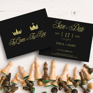 Golden Queen & King Crowns for Wedding Card