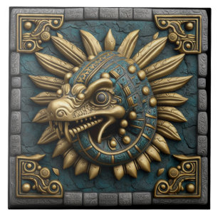 Golden Quetzalcoatl on Mayan Temple Tile