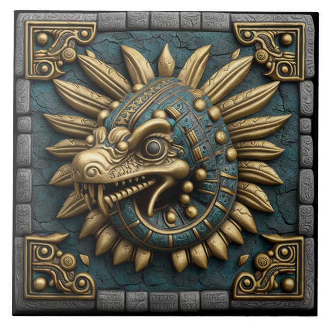 Golden Quetzalcoatl on Mayan Temple Tile (Front)