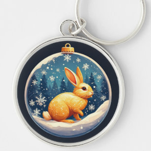 Golden Rabbit Sitting in a Festive Snow Globe Key Ring