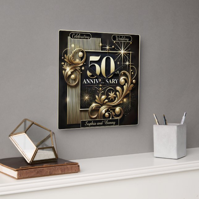 Golden Radiance: 50th Anniversary Square Wall Clock (Office)