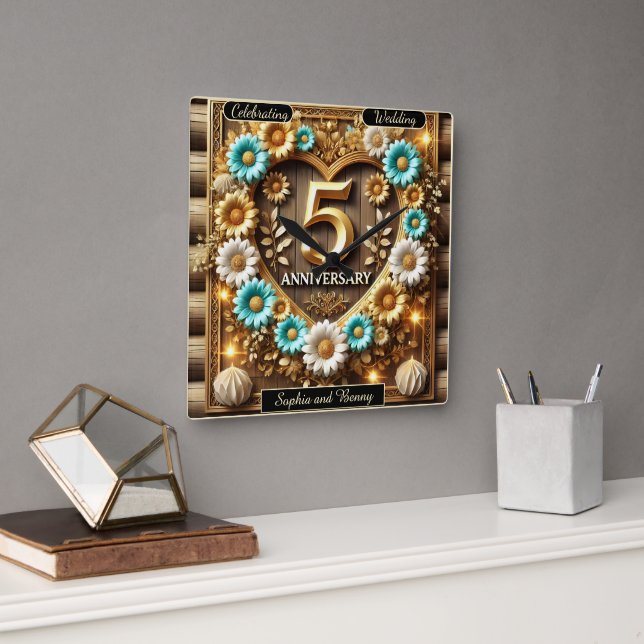 Golden Radiance: 5th Anniversary Celebration Art Square Wall Clock (Office)